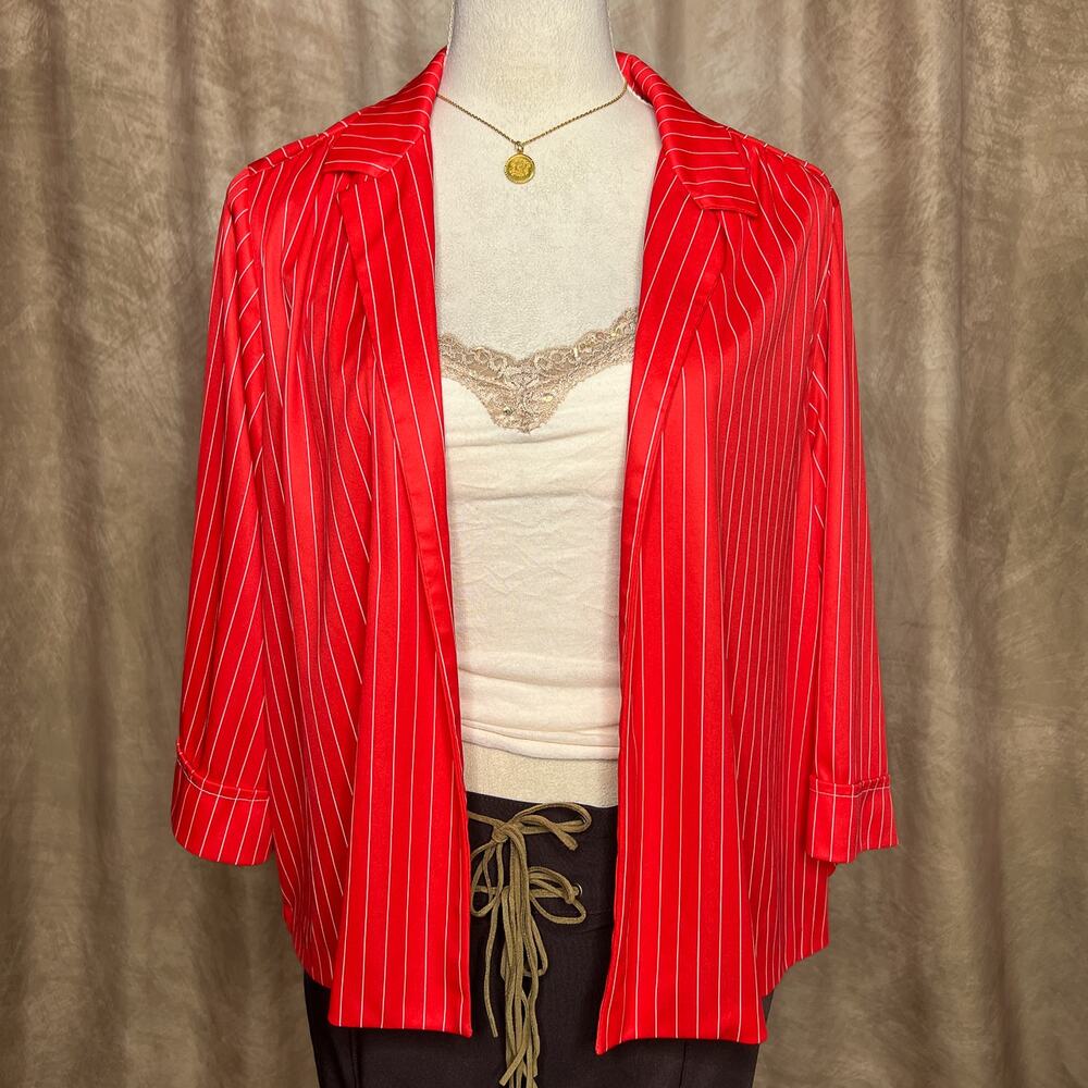 Vintage 70s Striped Open Front Polyester Shirt Red 3/4 Sleeve Retro Mod Disco